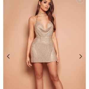 Gold chain mail high slit cowl neck dress